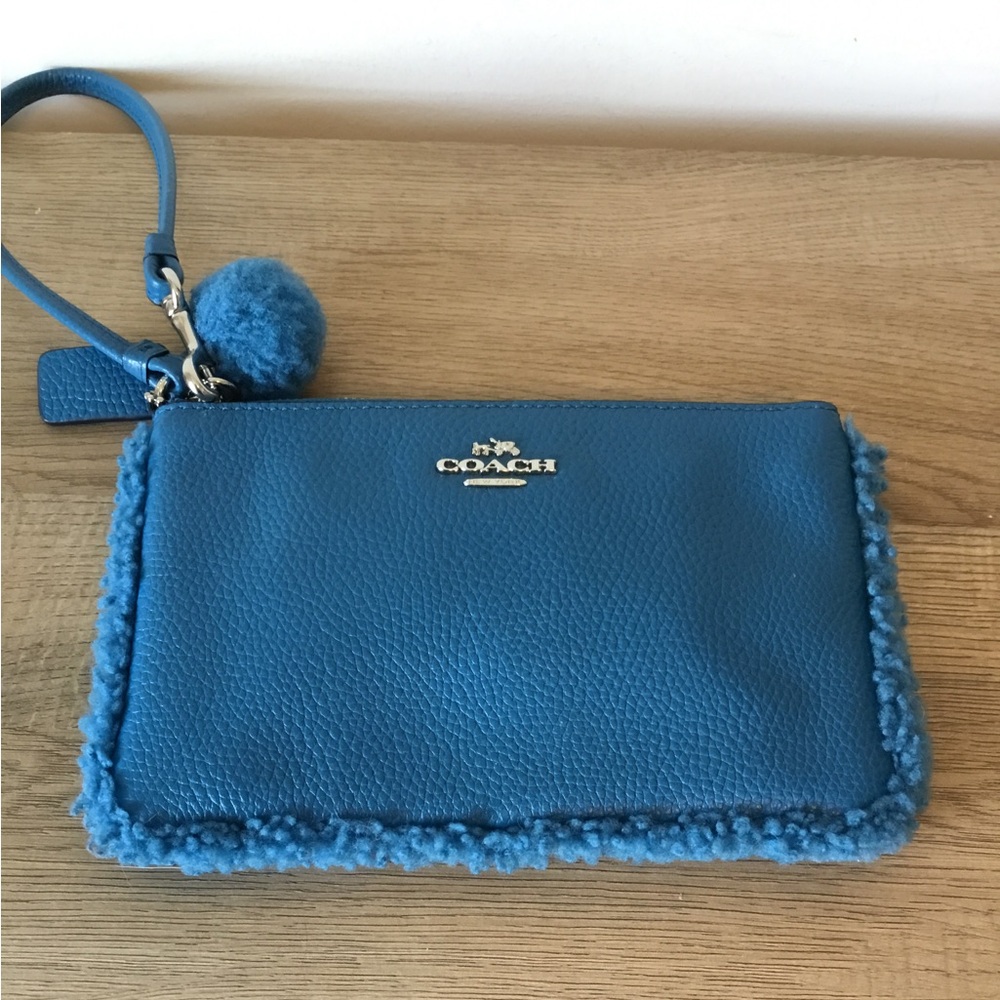 Coach Pebbled Leather Wristlet with Shearling Pom Pom and Trim - Picture 5 of 8
